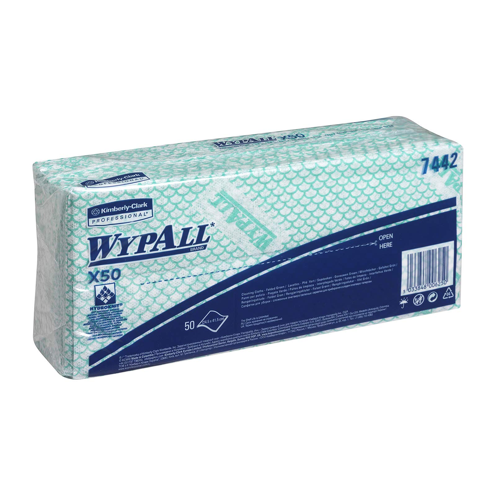 WypAll X50 Panno pulizia con codice colore 7442-1 velo, 6 confezioni x 50 panni lavabili intercalati totale 300 colore verde, 6x50/ 300