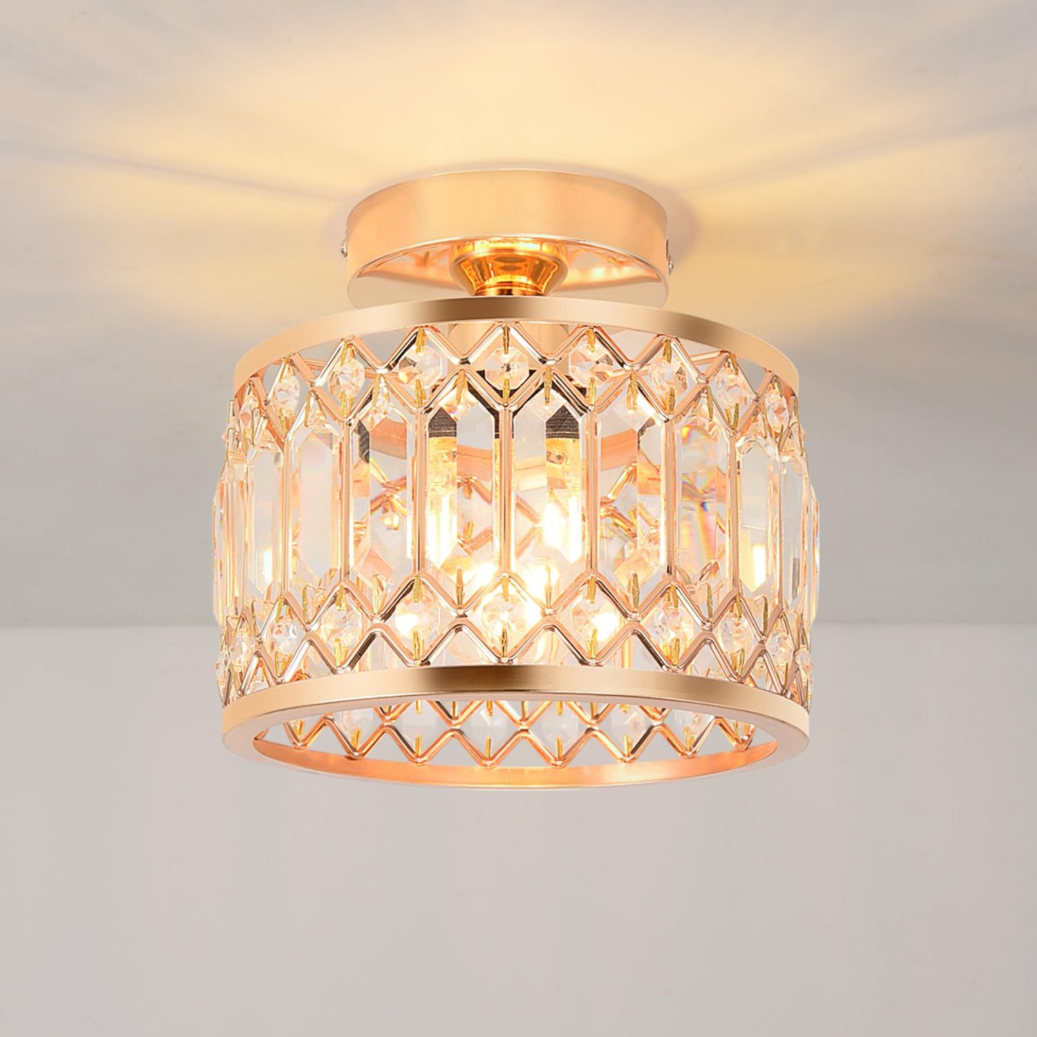 Anwio Gold-E27 Base Hallway Lights Ceiling,Ceiling Light Living Room,Kitchen Lights Ceiling,E27 Light Shade Lamp,Gold Chandelier,Morden Crystal Lounge Light Ceilings (Lamp Diam 20.5Cm)