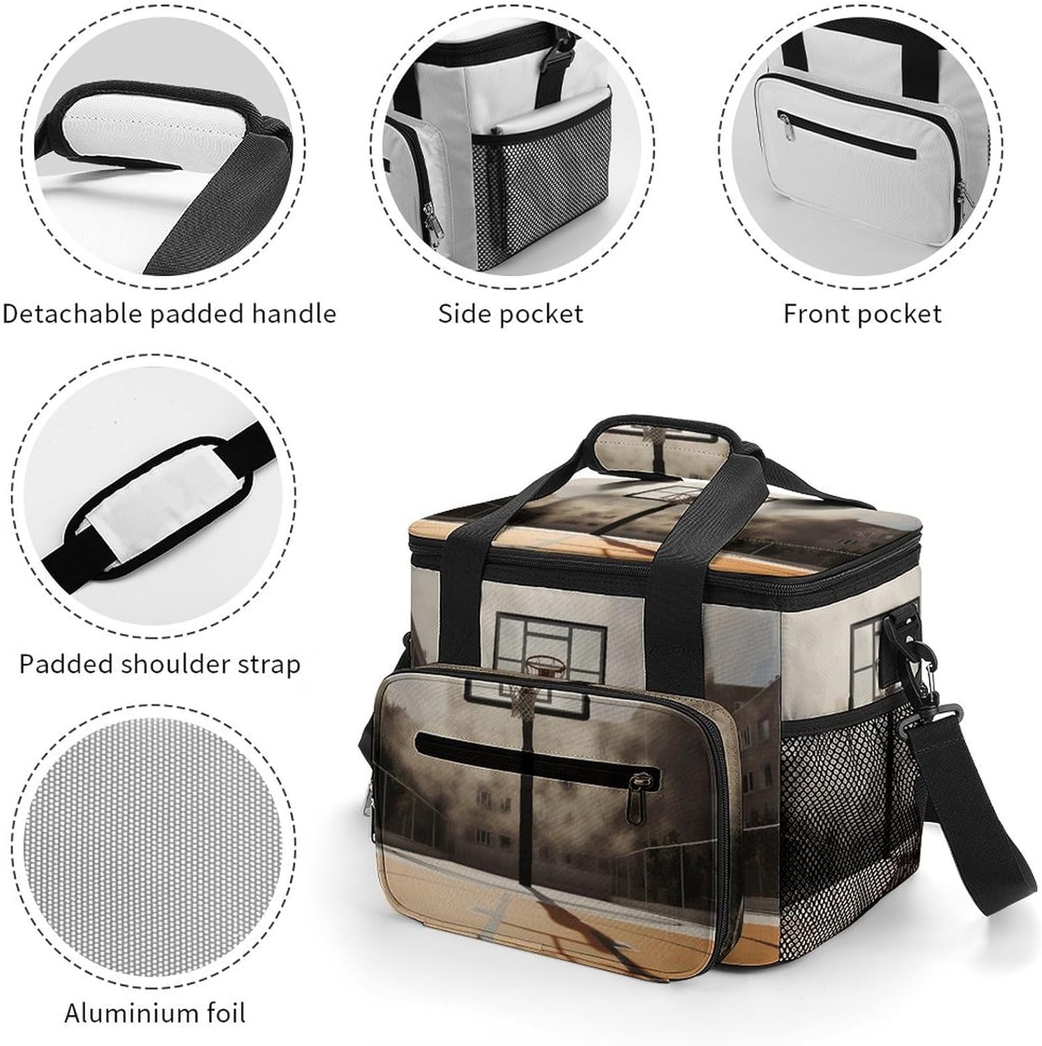 Camping Ice Pack, Amazing Basketball Court Print Cooler Bag, 22.5L Large Capacity Insulated Lunch Tote Bag for Outdoor, Picnic, BBQ, Travel, Work