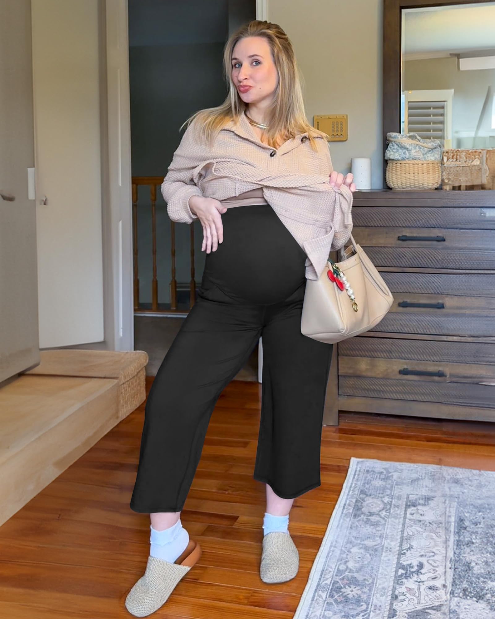 G4Free Umstandshose Damen Hohe Taille Yogahose Umstandsmode Sommer für Schwangere 3/4 Weites Bein Schwangerschafts Stretch Lose Lounge Arbeitshosen