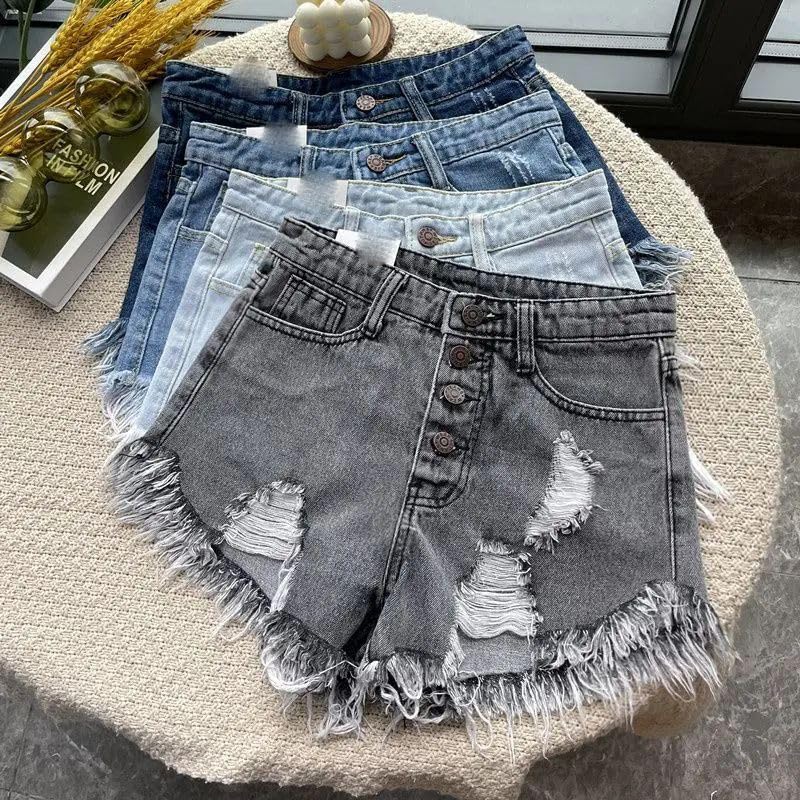 Short en jean taille haute à franges coupe ample et confortable
