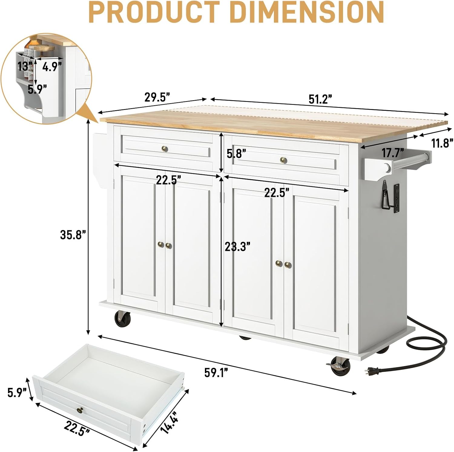 Product dimensions of the kitchen island.