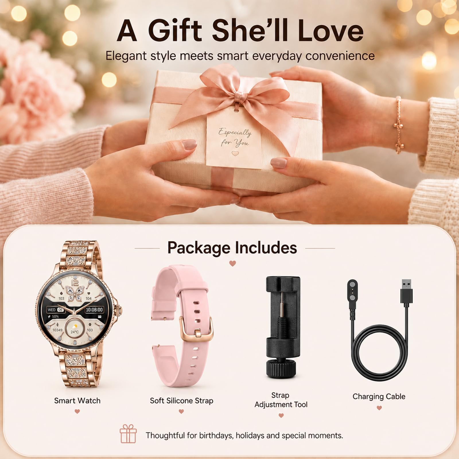 Smartwatch Donna Rotondo, Display HD da 1,27", IP68, 2 Cinturini | Chiamate Bluetooth, frequenza cardiaca, SpO2, sonno, passi, 120+ sport, Android iOS, strass elegante e silicone sportivo