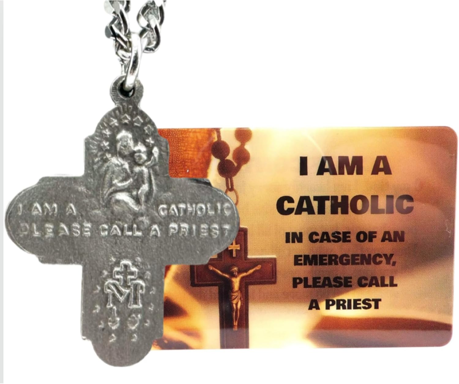 Westmon Works Four Way Medal Set Pewter Scapular Cross on a Stainless Steel Chain with Laminated I Am Catholic Call A Priest Card - Image 3