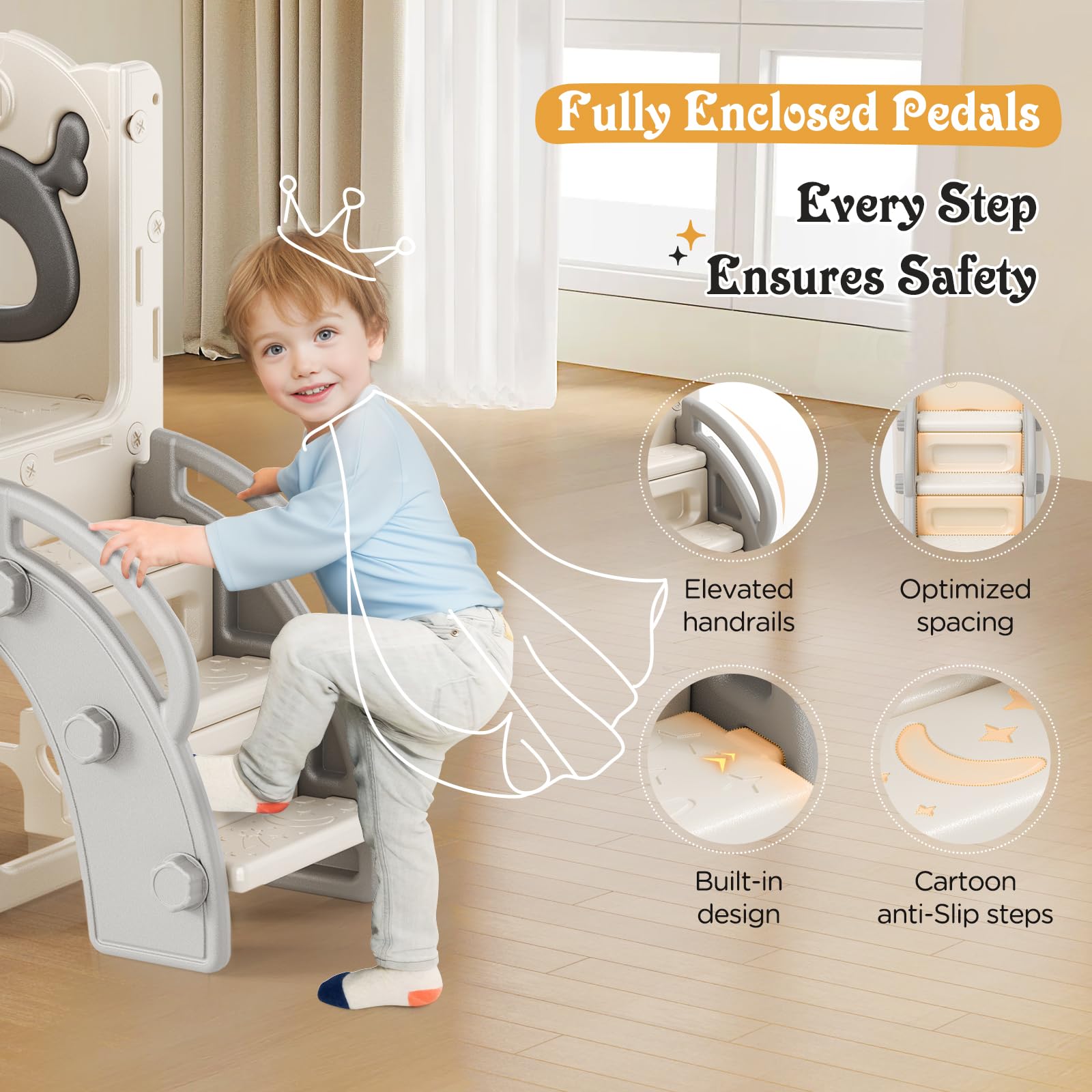 Kinderrutsche mit Basketballring, Elch-Themenrutsche für Kinder, Spielplatz für drinnen und draußen, unabhängiges Kletterspielset mit Rutsche für Babys (Beige Grau-7-in-1)