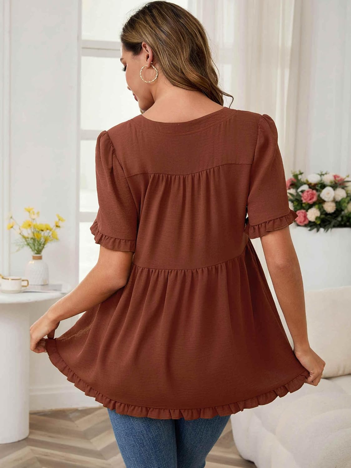 Women Maternity Blouses Boho Ruffled V Neck Short Sleeve Shirts Flowy Loose Casual Tops Clothing 2025 - Image 4