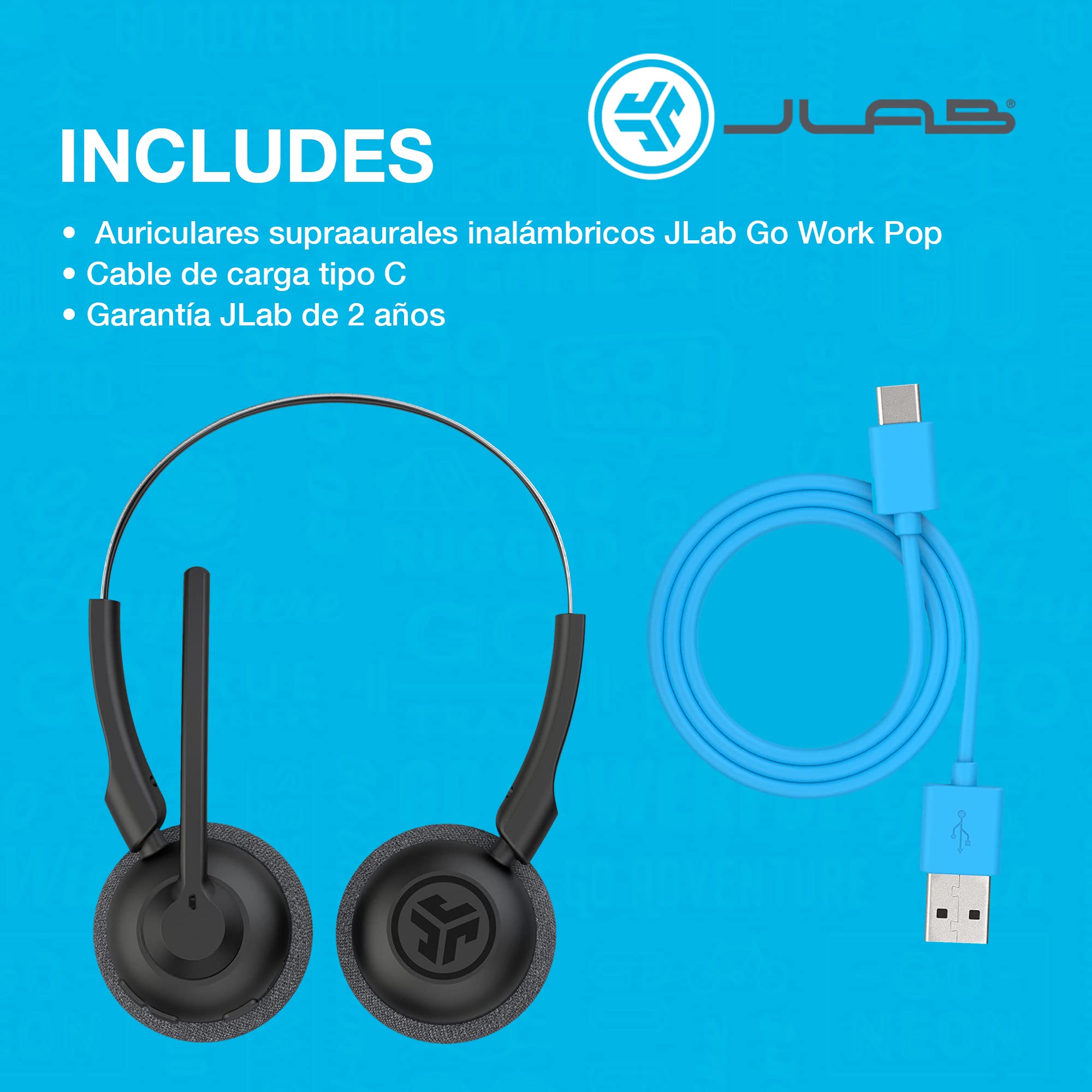 JLab Go Work Pop Auriculares Inalámbricos con Micrófono, Negro | Auriculares Inalámbricos PC, Cascos con Micrófono, Inalámbrico, Auricular Oficina Teleoperador, 50h