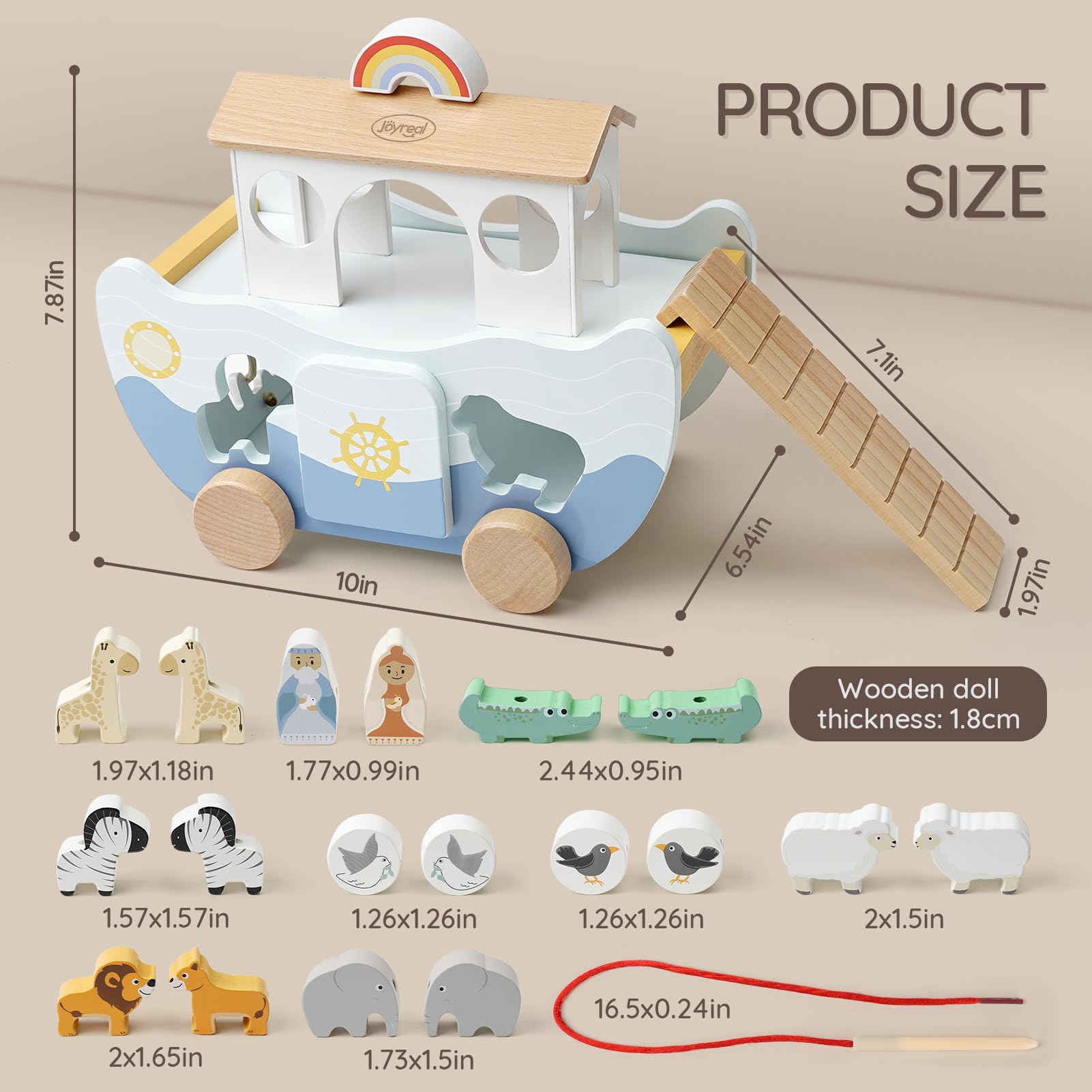 Juguete de madera del arca de Noé para regalo de bautismo de bebé niño y niña de 1 año, juguete educativo Montessori de color neutro con clasificador de formas de animales, juguetes cristianos 3