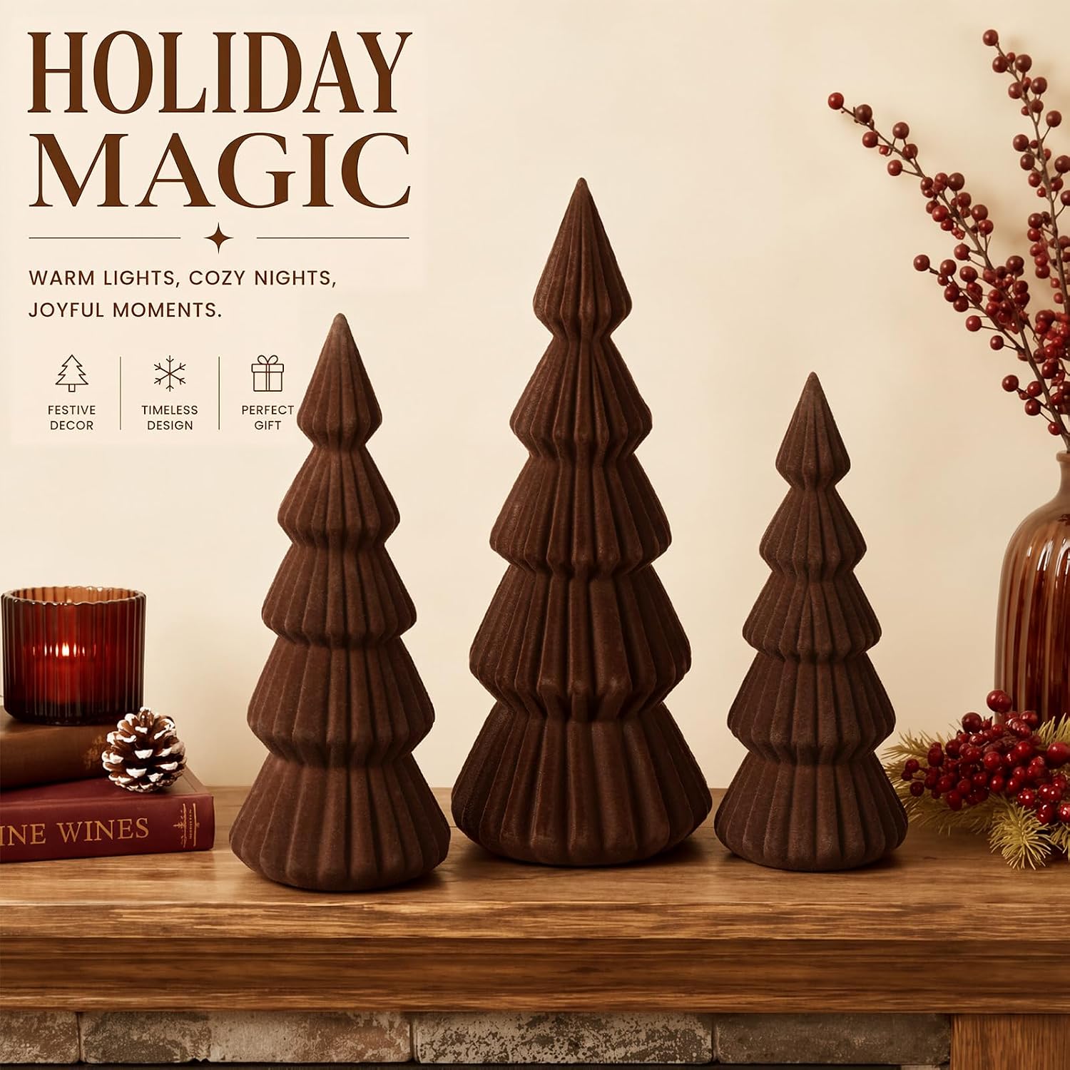 Set of 3 Velvet Ceramic Christmas Tree Decor, Dark Brown image 5