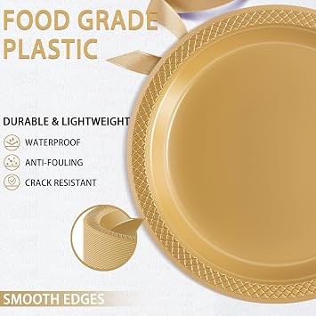 WELLIFE 7 Inch Gold Dessert Plates 150 Count, Gold Plastic Plates for Party Dessert Cake Appetizers Salad Wedding Engagement Birthday