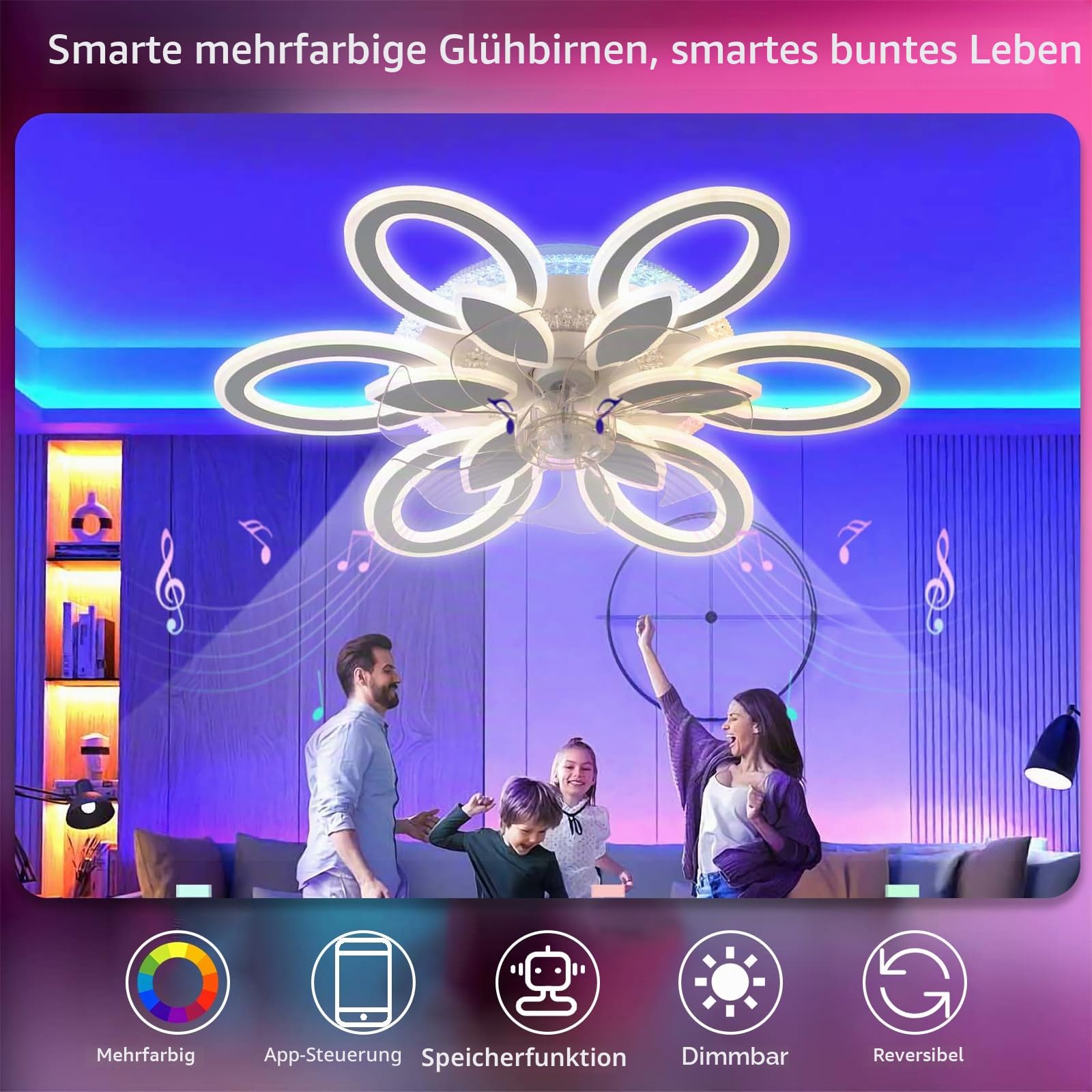 RGB Deckenventilator Mit Beleuchtung 65cm Blume Reversibel Deckenleuchte Mit Ventilator Fernbedienung Leise Dimmbar Smart Deckenventilator Mit Licht 6 Gang Weiß Für Wohnzimmer, Schlafzimmer-White