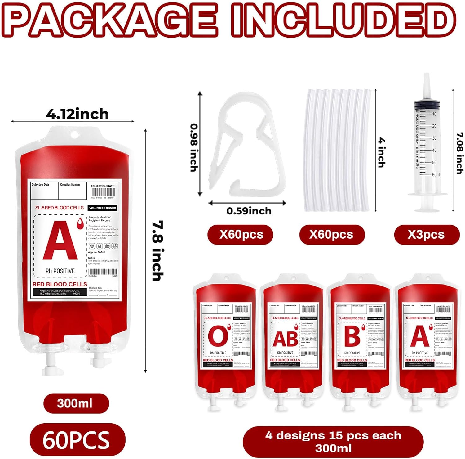Lansian Halloween Blood IV Bags for Drinks, 60 Packs Reusable Container Drinks Juice Pouches Props for Halloween Vampire Zombie Theme Party Decoration Supplies with Syringe(60 bags,3 syringes)