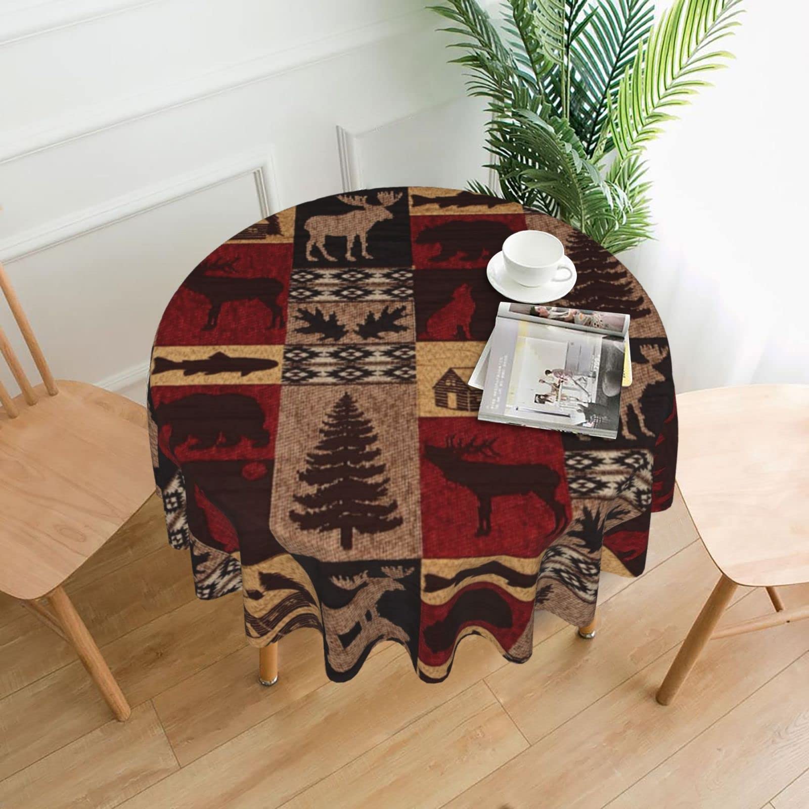 Lawenp Lodge Bear Deer Fish Decorative Round Table Cloths - 60 Inches in Diameter for Buffet Tables, Parties, Holiday Dinners.