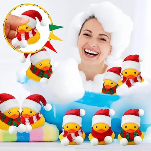 Miniatura 5 de Funtery 12 patos de goma de Navidad a granel con sombreros de Navidad y bufanda, mini duchas de pato de goma para Navidad, invierno, vacaciones,
