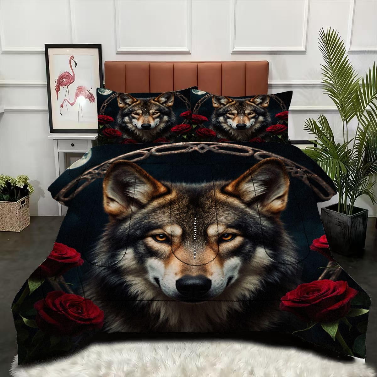 Couette 200x200 3D Loup avec 2 taies d'oreiller en microfibre pour lit 2 personnes