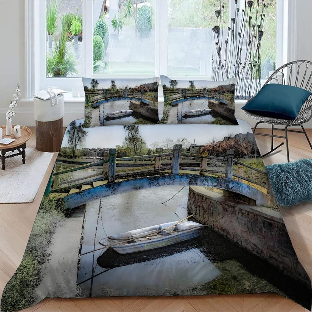 Housse de couette fermeture éclair 240x220 anti-glissement avec parure de lit imprimée pont en bois