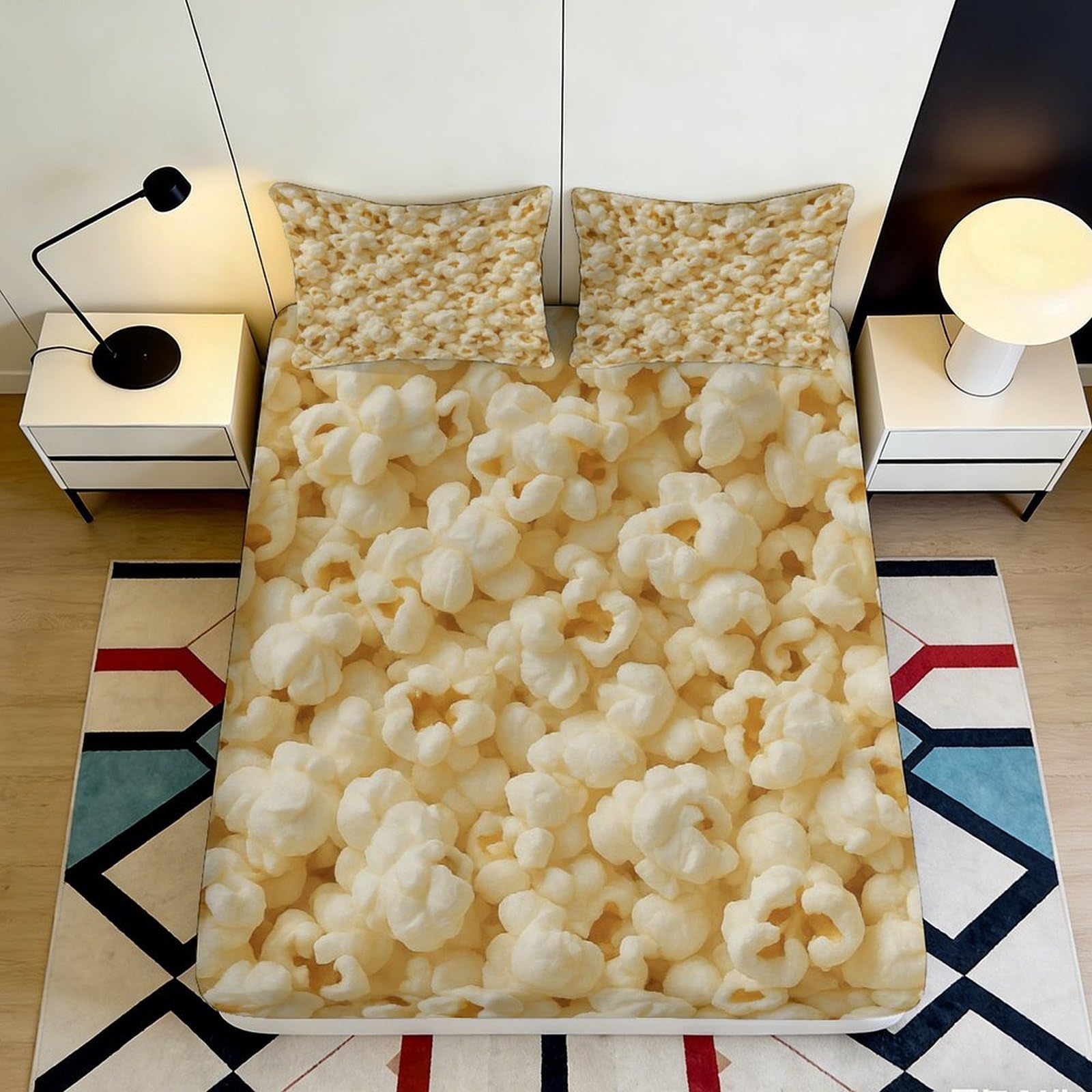3D Printed Popcorn Fitted Sheet Microfiber Soft Beige Snack Pattern Bed Cover for Bedroom Dorm Decor Mattress Protection 90x200x25cm