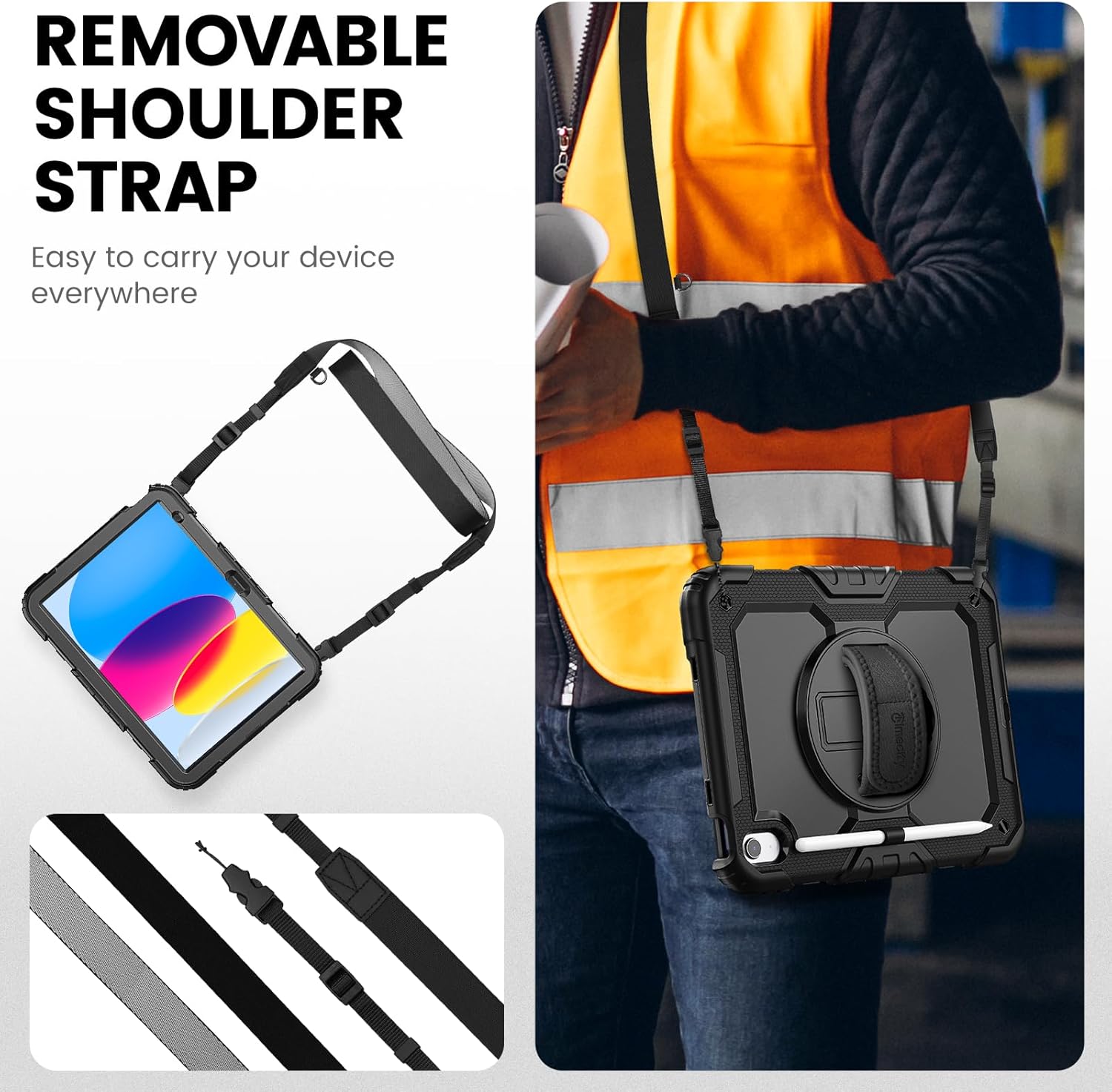 timecity for iPad (A16) 11th/ 10th Generation Case 11''/ 10.9 Inch (2025/2022) - Heavy Duty Protective Cover with Screen Protector, Stand, Shoulder Strap & Pencil Holder | Kids-Friendly - Black