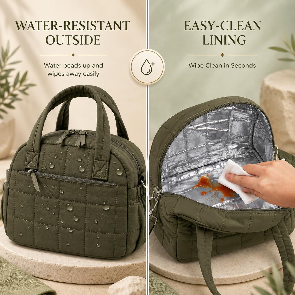 LEDAOU Lunch Box for Women, Quilted Insulated Lunch Bag, Puffy Lunch Tote with Adjustable Shoulder Strap for Work School Travel (Olive Green, Large 13L) image 5