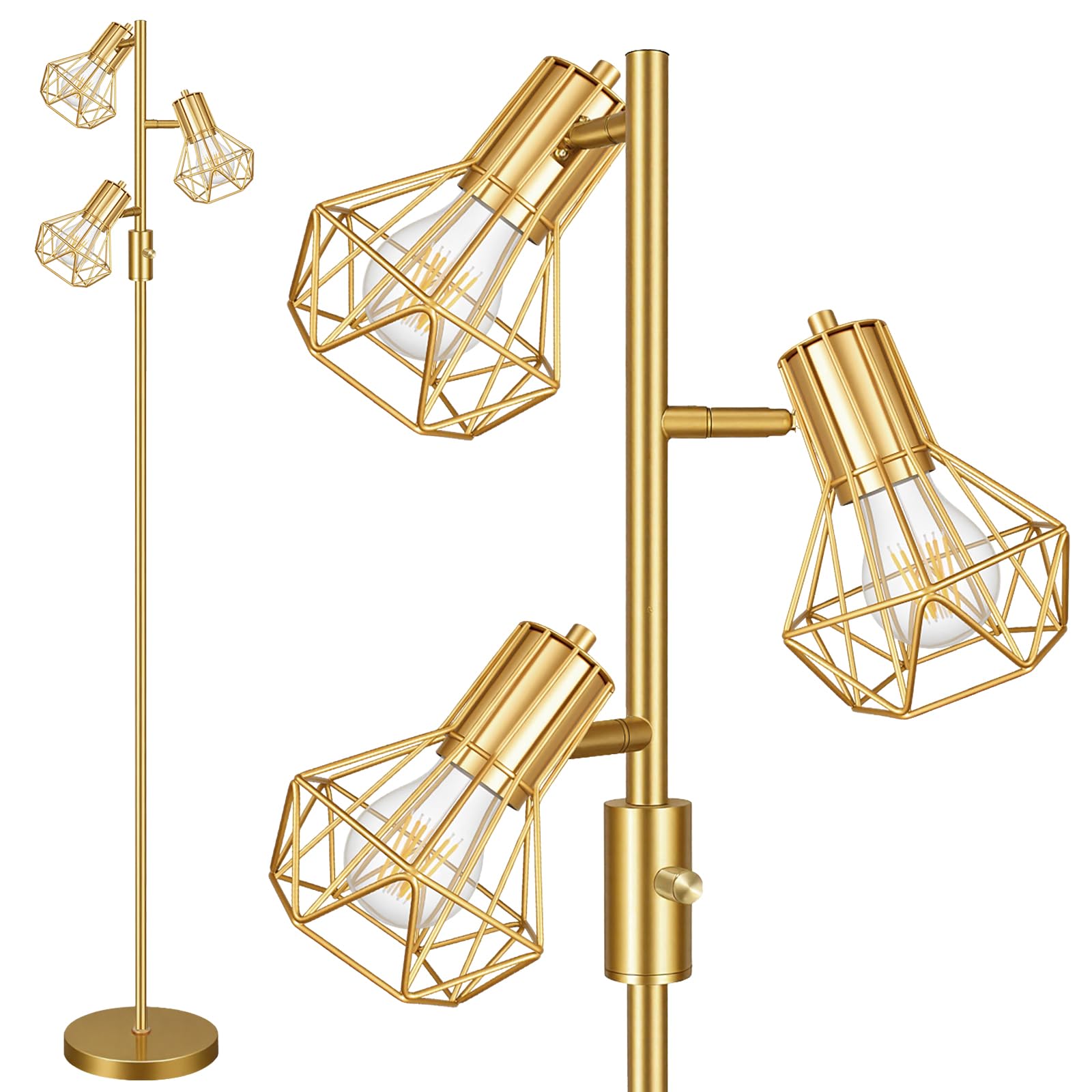 HiBay Stehlampe Dimmbar LED E27 3 Flammig Floor Lamp Gold Luxus Standlampe mit 3x8W 800LM E27 für Wohnzimmer, Schlafzimmer, Büro