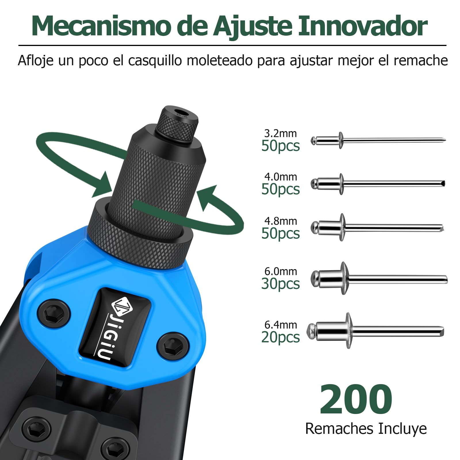 JiGiU 13" Pistola Remachadora Profesional Kit de Pistola Remachadora | con 3.2/4.0/4.8/6.0/6.4mm 200Pcs Remaches para Automoción Ferrocarril Muebles Instrumento Color Azul