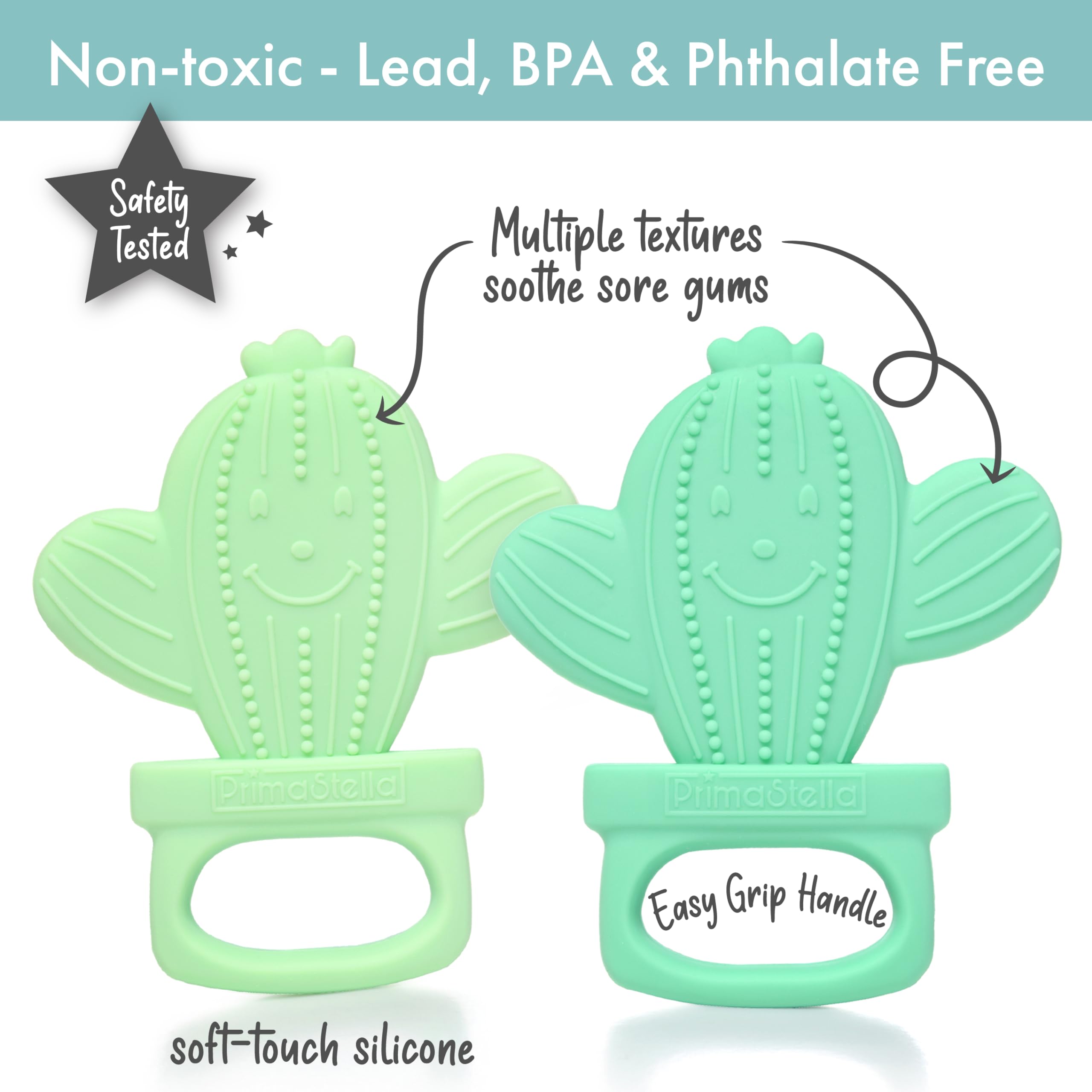 Mordedores de cactus de silicona para bebés, bebés y niños pequeños, seguridad probada, sin BPA, lindos, calmantes, fáciles de sostener, juego de 2 mordedores para bebés, verde y menta 2