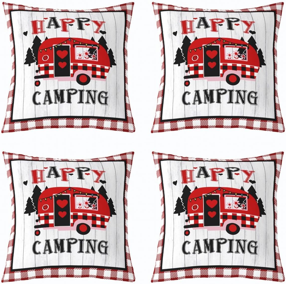 Feelyou Happy Camping Throw Pillow Covers 18"x18" Set of 4 RV Camping Decorative Pillowcase for Sofa Couch Western Farmhouse Cushion Cover Old Wooden Outdoor Pillows Covers Rustic Farm