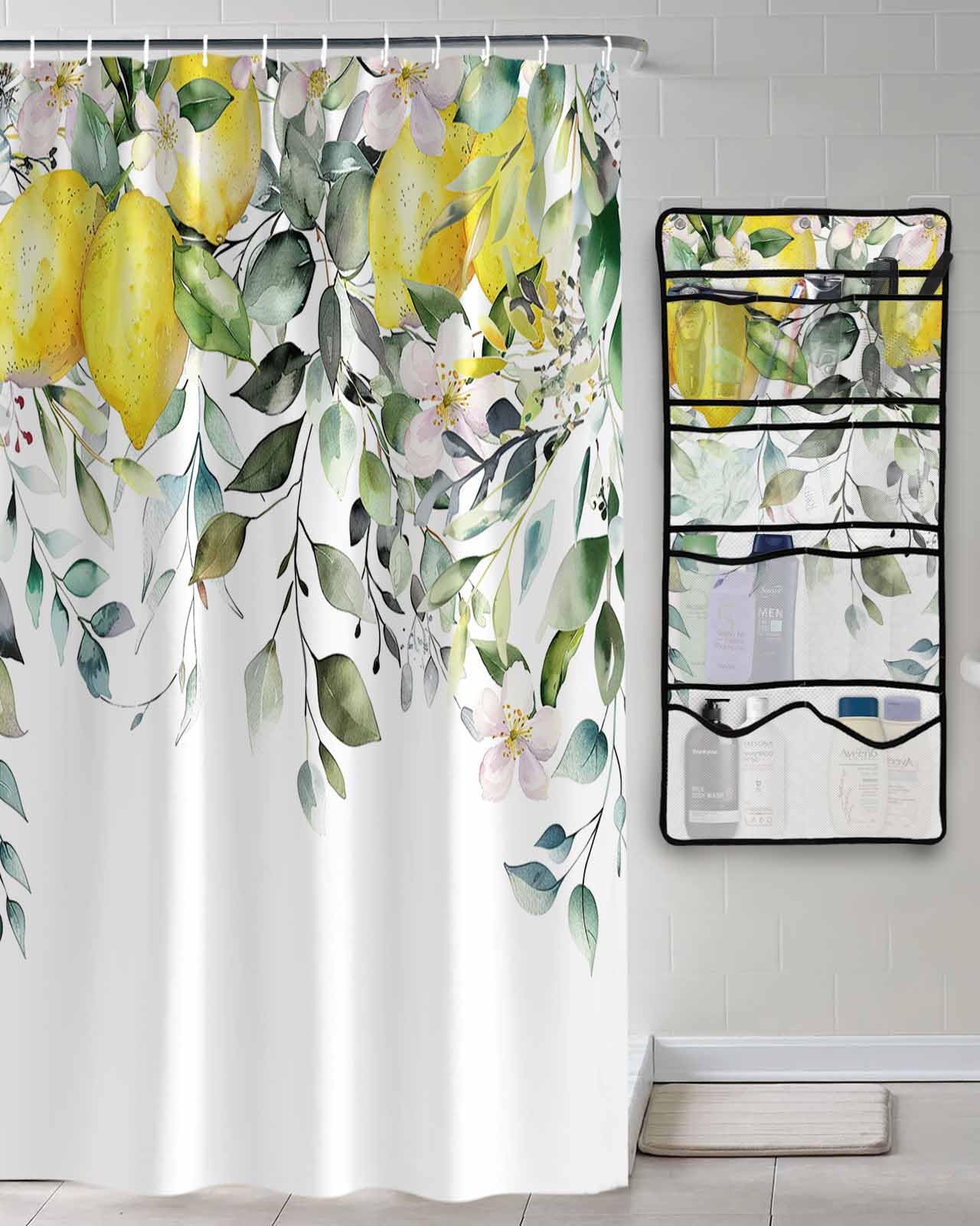 Decorative Shower Curtain Sets Lemon Fabric Waterproof Shower Curtains Pastoral Style Plants Eucalyptus Leaves Flowers White Mesh Shower