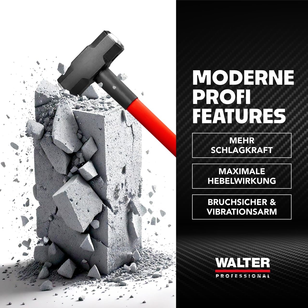 WALTER PROFESSIONAL Vorschlaghammer 4,5 kg 90 cm, Abbruchhammer, Sledge Hammer, vibrationsdämpfender Fiberglas-Griff für bequeme Handhabung und präzise Steuerung, robust und langlebig