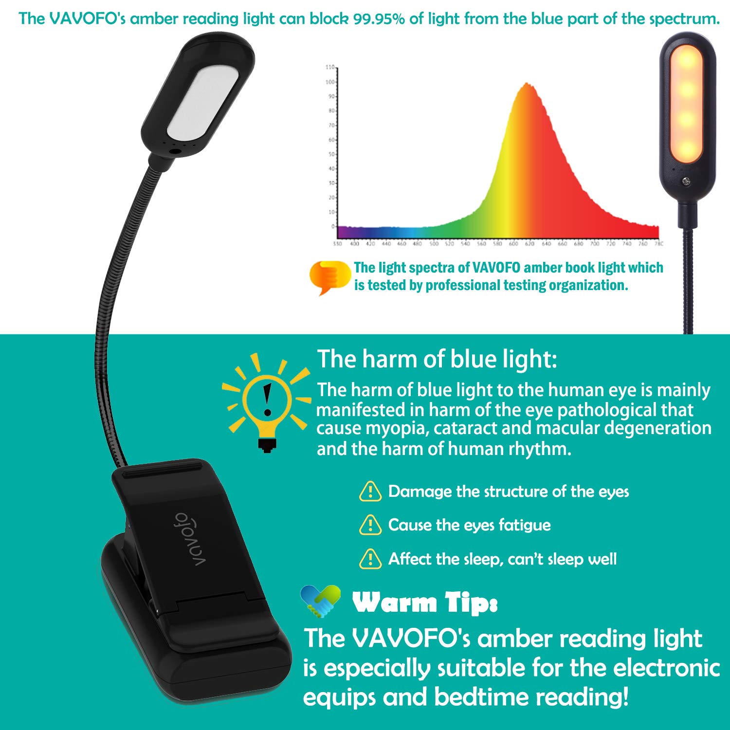 VAVOFO Luz de lectura recargable ámbar, luz de libro con bloqueo de luz azul, 7 LED para el cuidado de los ojos, 9 colores, 9 brillo, clip para niños, gusanos de biblioteca, lectura en la cama con