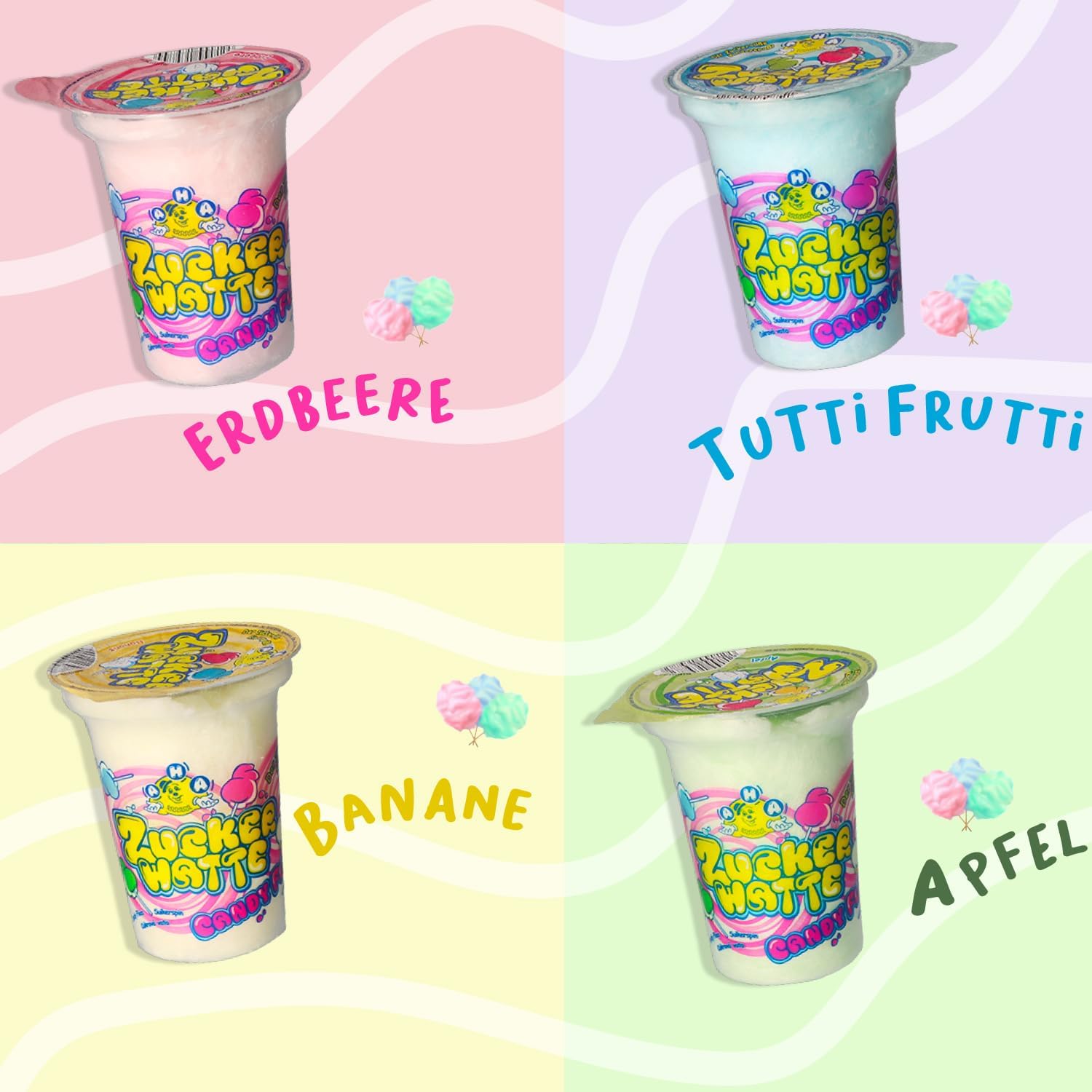 AHA Zucchero filato 4 varietà colorate, 36 x 20 g, in tazza, qualità premium, confezione di scorte, 4 gusti come al mercato annuale, per feste, casa, feste in giardino, celebrazioni