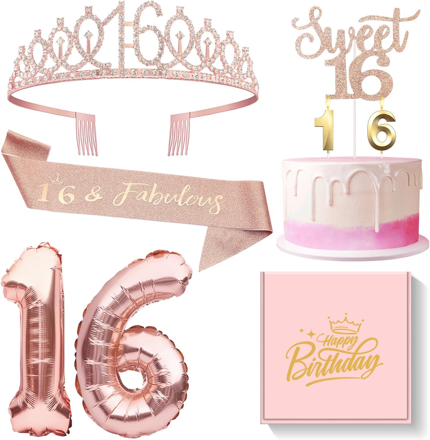 Sweet 16 Birthday Gifts Decorations for Girls - 16th Birthday Cake Topper, Balloons, Queen Sash, Crown and Candle Set, Rose Gold
