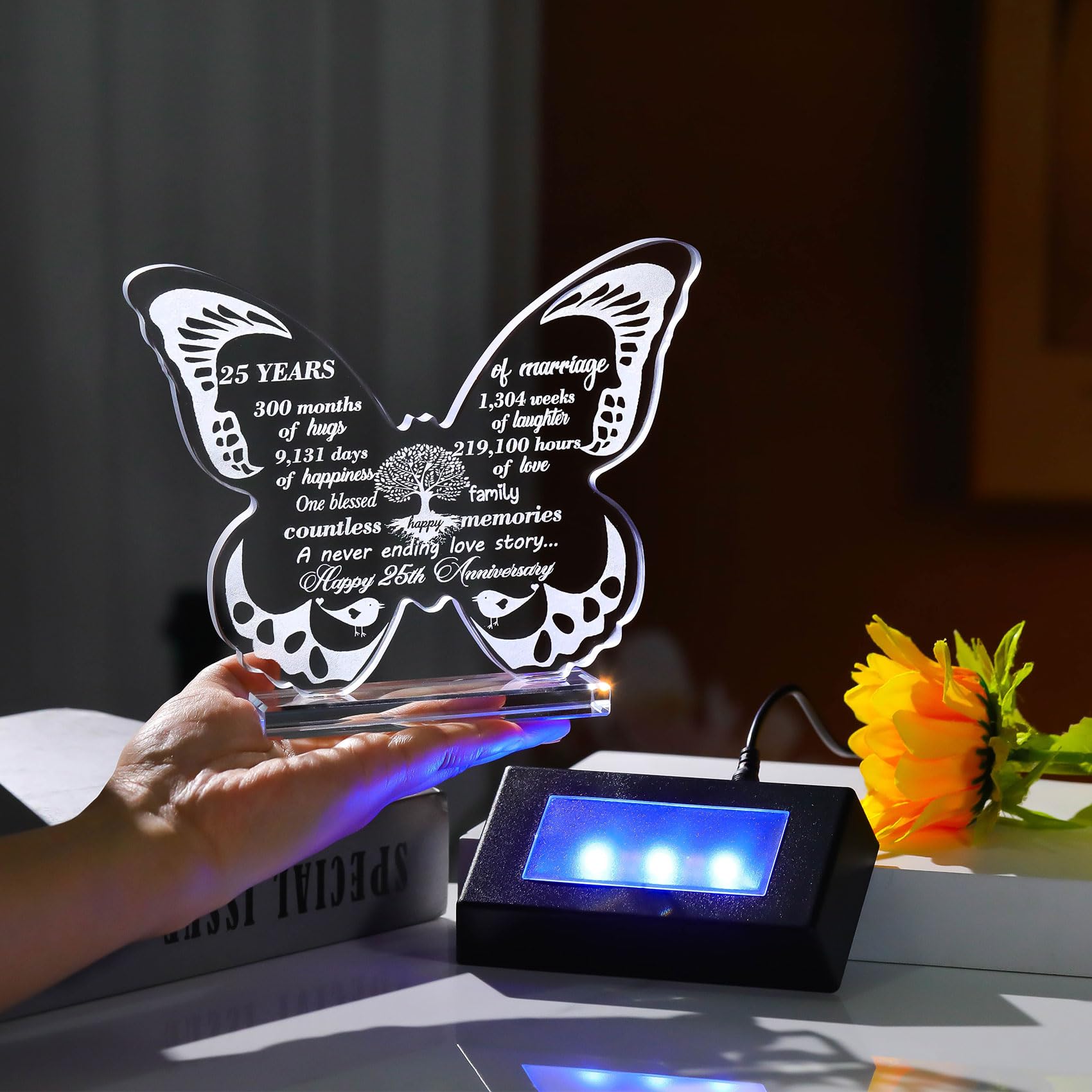 Ornalrist 25th Wedding Anniversary Romantic Gifts for Couples 13.6cm Crystal Butterfly 25th Anniversary Keepsake with LED Base 25 Years Marriage Silver Wedding Presents for Wife Husband Friends - Image 4
