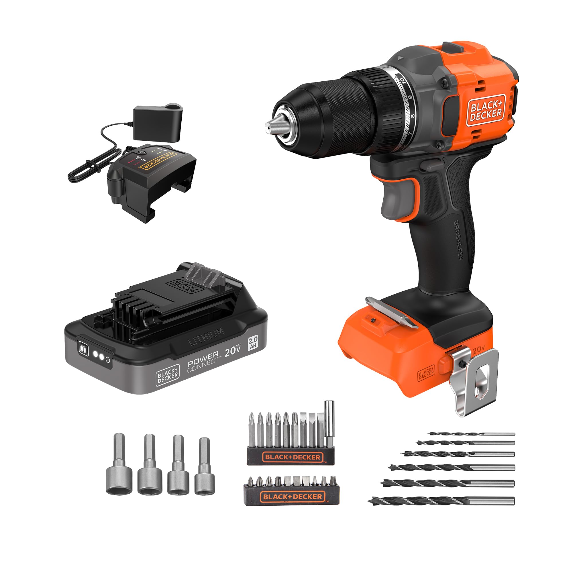 Black+Decker 20V MAX Cordless Brushless ½-in. Drill Driver, 30 Pc. Drill Bit Set and Screwdriver Bit Set, 2Ah Battery and Charger Included, PowerConnect Electric Drill Cordless (BLD782PK30D1)