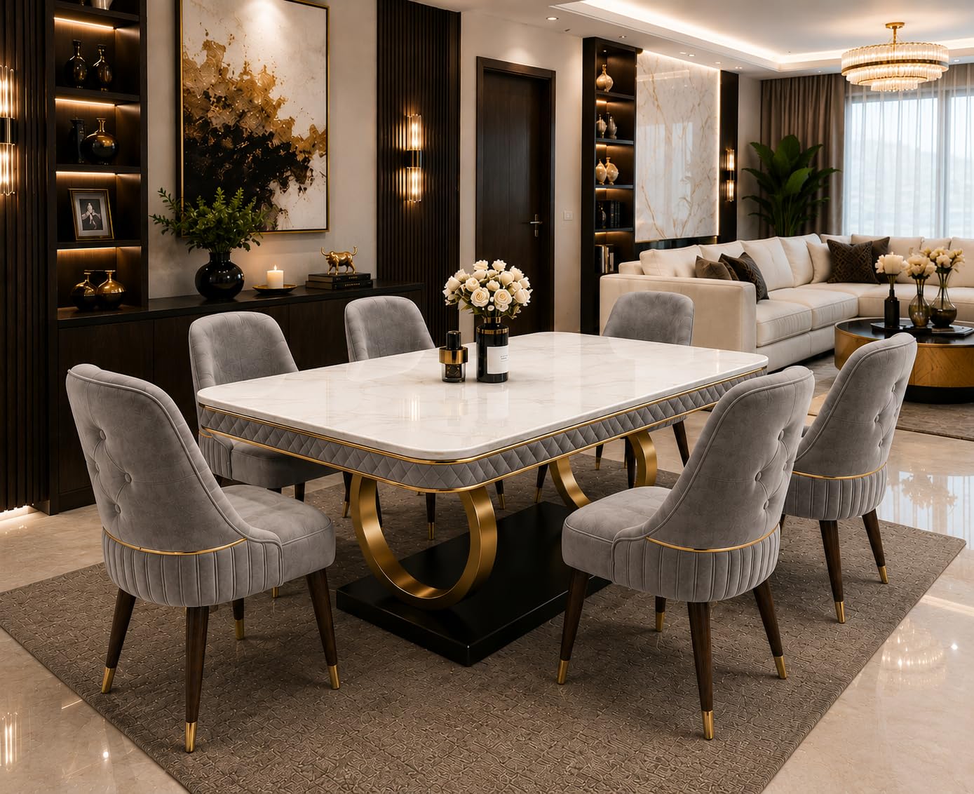 JOD DENGE 6-Seater Wooden Dining Table Set | 3 Year Warranty | Nano Composite Marble Top | Solid Wood Base | Modern Dining Room Furniture with 6 Chairs (Casa Royal Dark Grey)