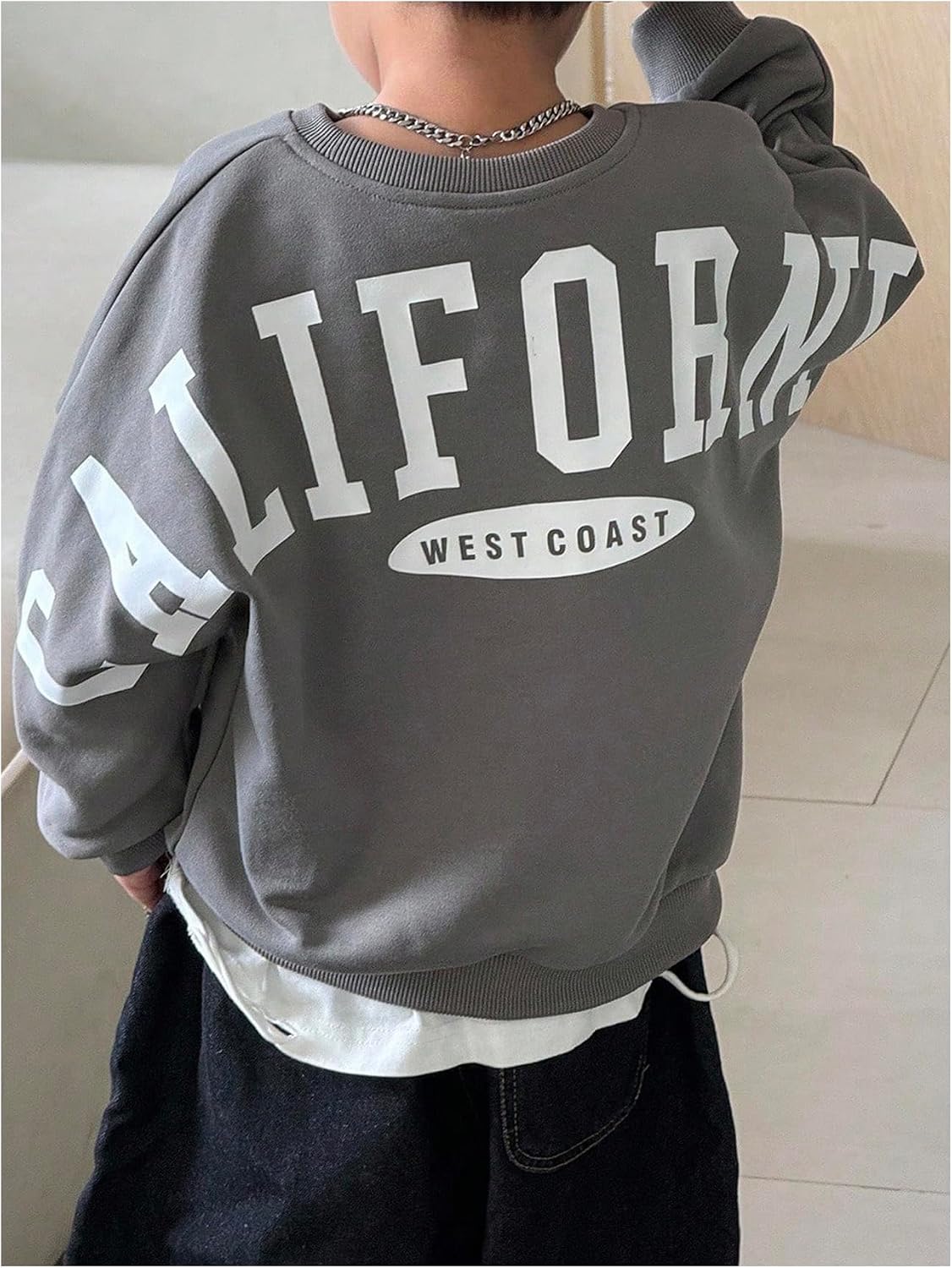 GORGLITTER Boy's Sweatshirts Fashion Letter Graphic Crewneck Long Sleeve Drop Shoulder Preppy Pullover Tops Jackets
