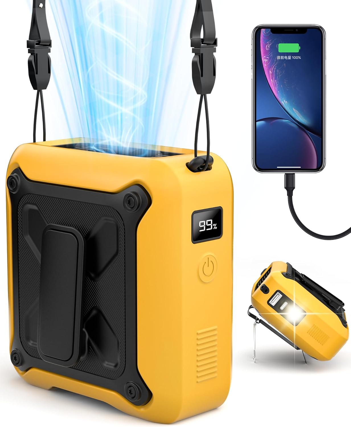 Portable Waist Fan Clip on Belt Under Shirt w/LED Display & Flashlight, 8000mAh Battery Powered, Rechargeable 5-Speed 14600RPM Personal Cooling Fan for Construction, Warehouse, Outdoor Jobsite,Yellow