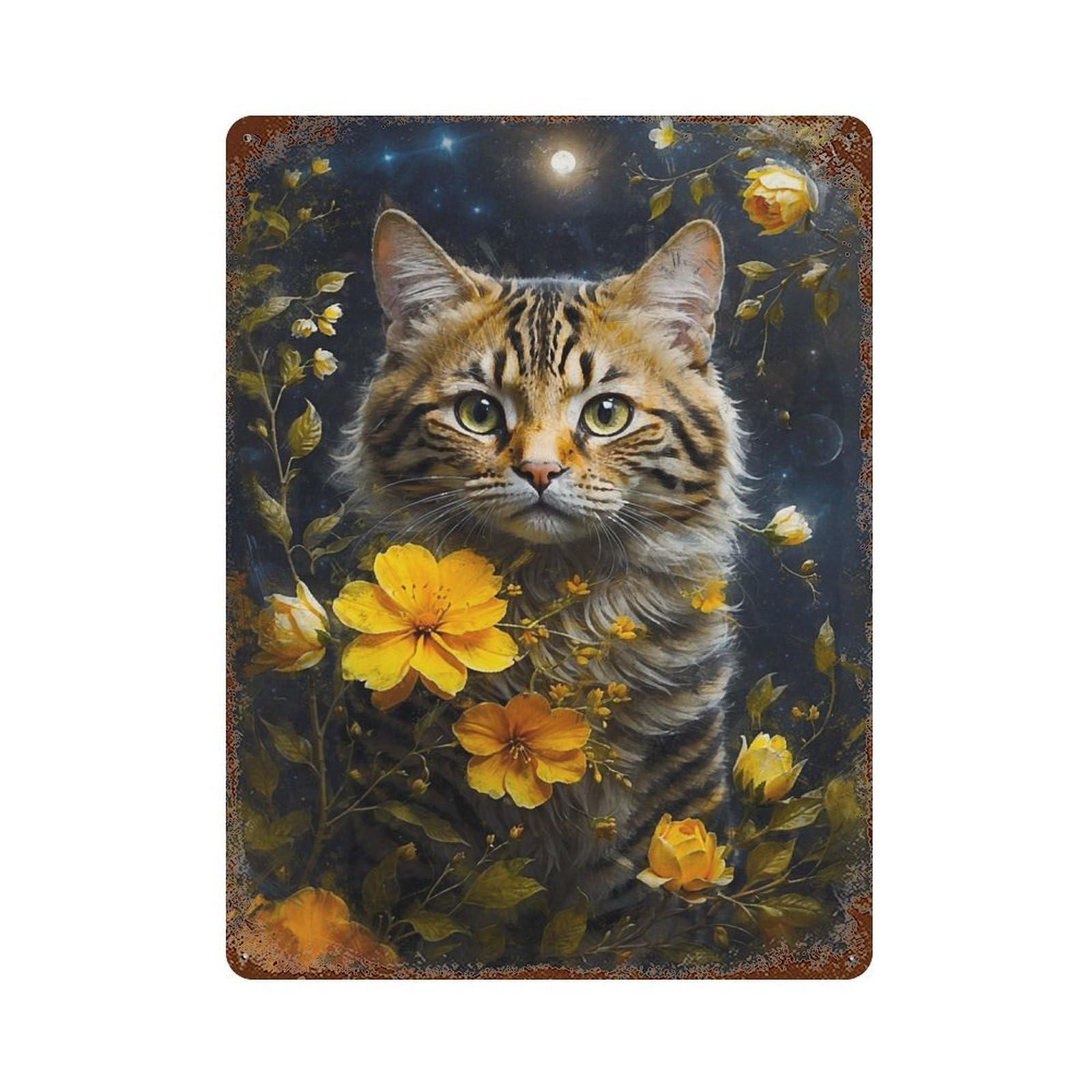 The Cat And The Dandelions Aged Metal Wall Plaque 15.7"x11.8", Old School Wall Decor for Garage, Pub Or Kitchen