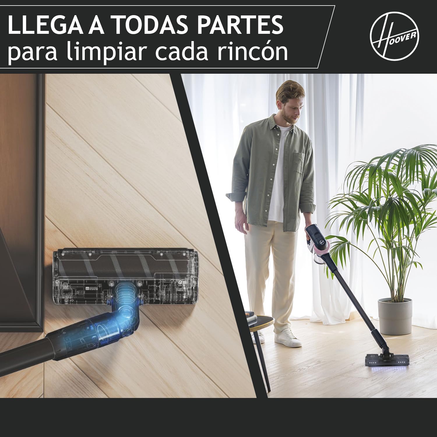 Hoover Aspiradora Escoba Sin Cable Especial Suelos Duros, 1200 POWERTIME, Alta Potencia, Cepillo Antienredos, Luces LED, Ligera, Ideal para Rincones [HF401H]