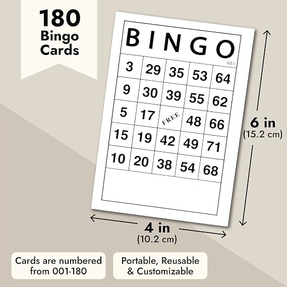 Juvale Bingo Paper Game Sheets - 4 x 6 in, 180 Sheets - Bulk Reusable Number Cards & Playing Card Set for Adults - for Birthday Games & Group Activities