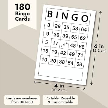 Juvale Bingo Paper Game Sheets - 4 x 6 in, 180 Sheets - Bulk Reusable Number Cards & Playing Card Set for Adults - for Birthday Games & Group Activities