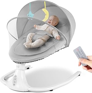 Electric Baby Bouncer Chair, Baby Swing Chair with Bluetooth, Remote Control, Mosquito Net, Removable Seat Cushion, 4 Speeds & 4 Timers, Swing from Birth for 6 Months (Grey)