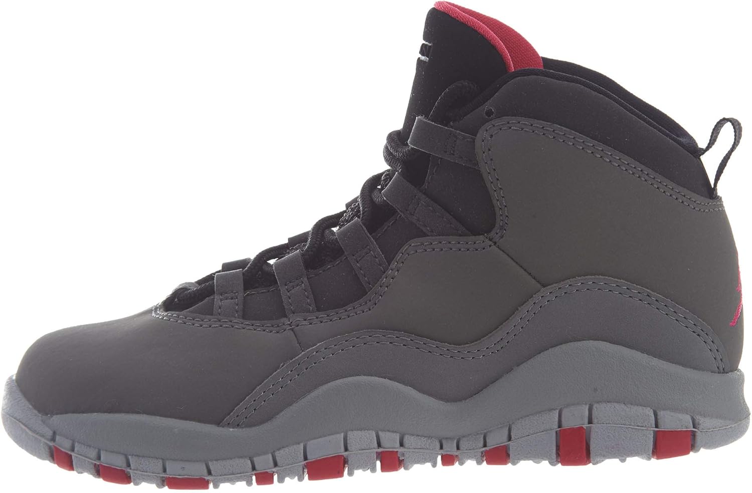 Side profile of Jordan Preschool 10 Retro shoe in dark smoke grey with pink-black accents.