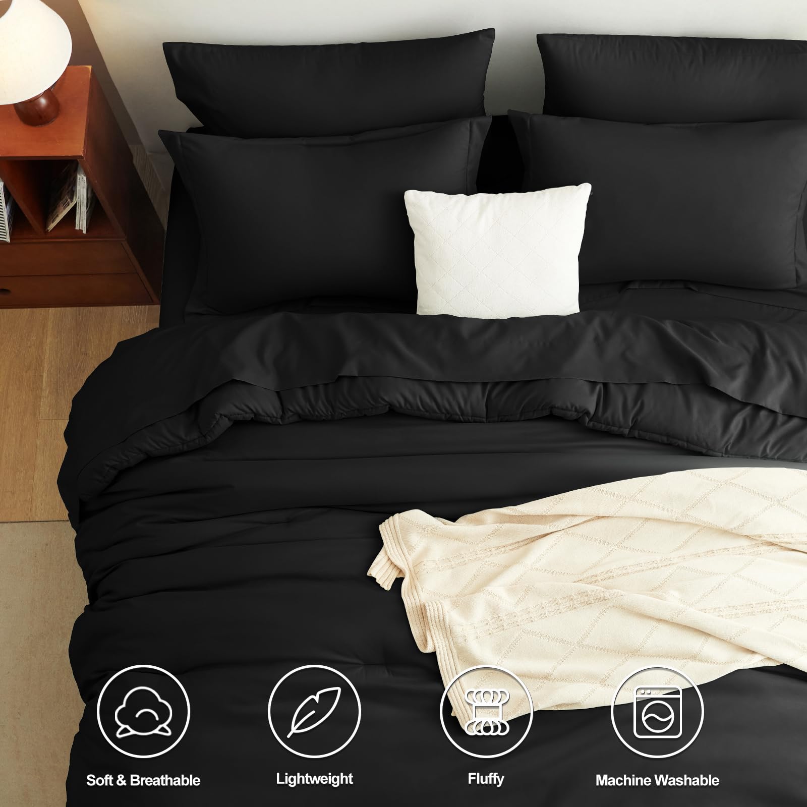 Juego de edredón tamaño Queen, color negro, 7 piezas de cama en una bolsa, juego de edredón suave con sábanas, juego de cama bohemio de 7 piezas para todas las estaciones con edredón, sábanas 2