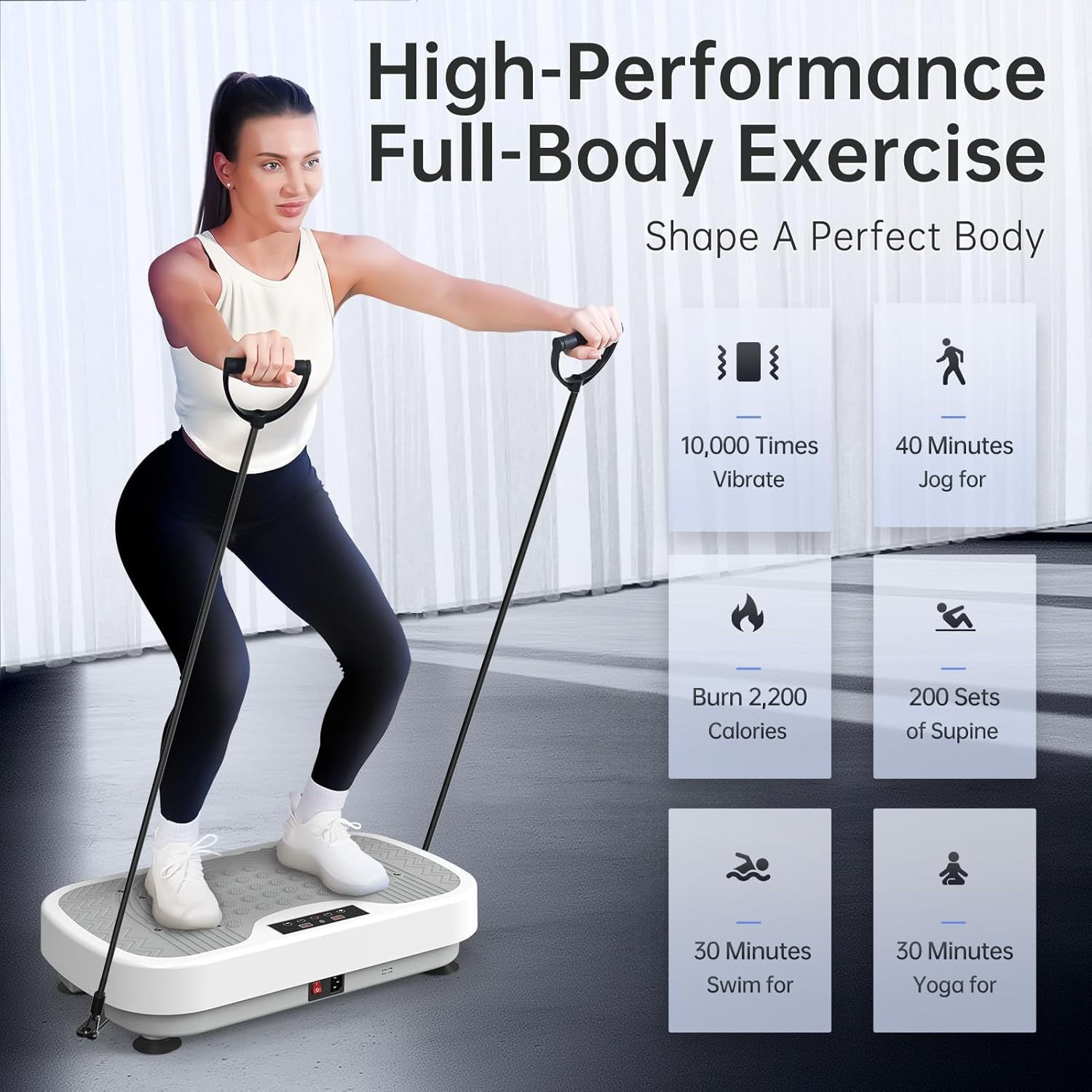 Infographic showing that 10,000 vibrations on the JOROTO JV30 Vibration Plate are equivalent to 40 minutes of jogging, burning 2,200 calories, 200 sets of supine exercises, 30 minutes of swimming, or 30 minutes of yoga.
