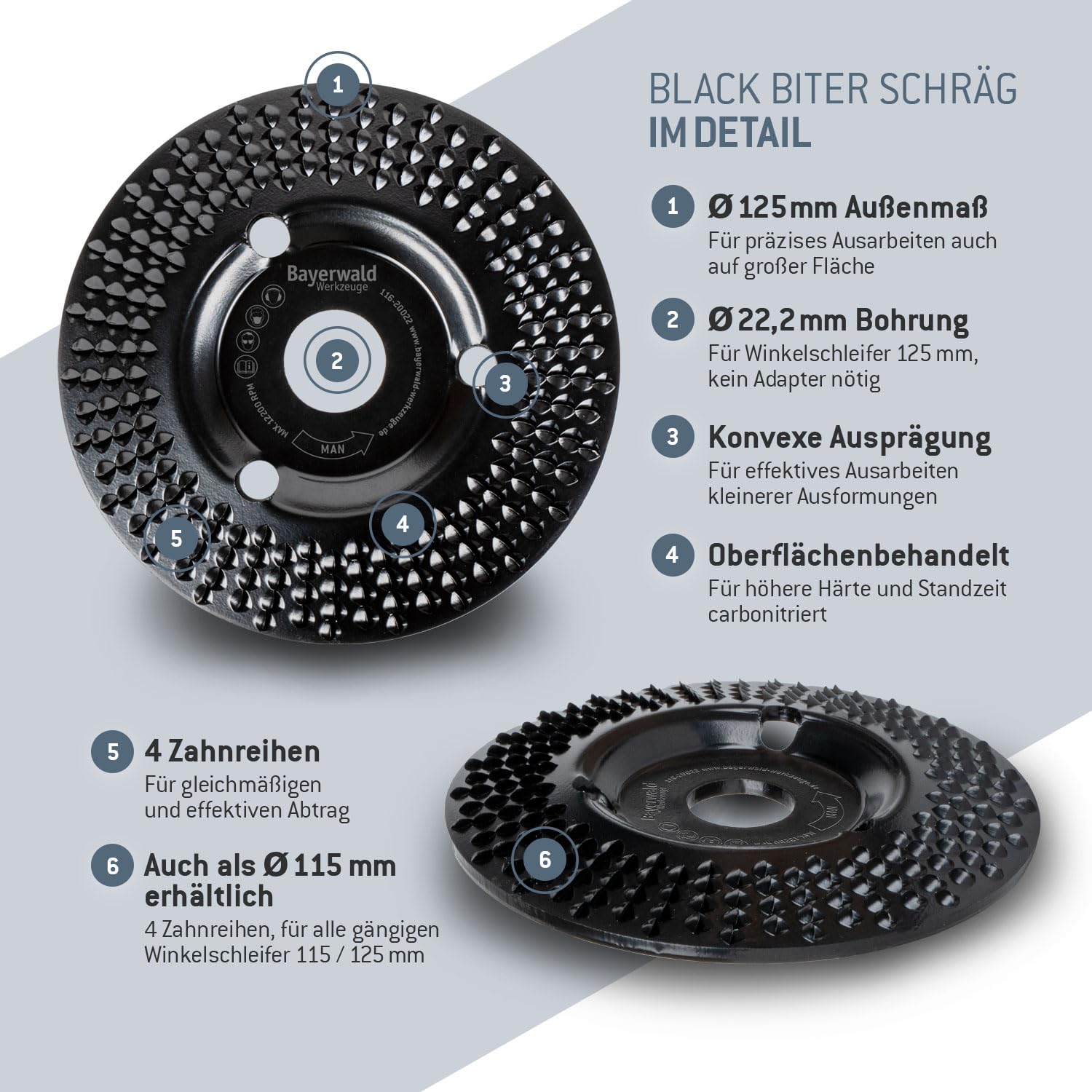 Bayerwald "Black Biter" - disco per raschiare - Ø 125 mm x 22,2 mm | levigatura rapida e grossolana di legno e materiali a base di legno | per smerigliatrici angolari