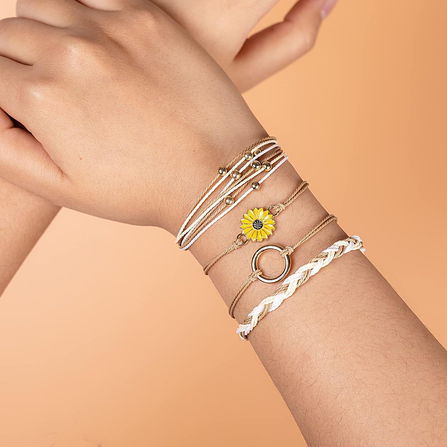 FANCY SHINY Sunflower String Bracelet Boho Braided Rope Wrap Bracelets Cute Summer Beach Surfer Jewelry for Women - Image 2