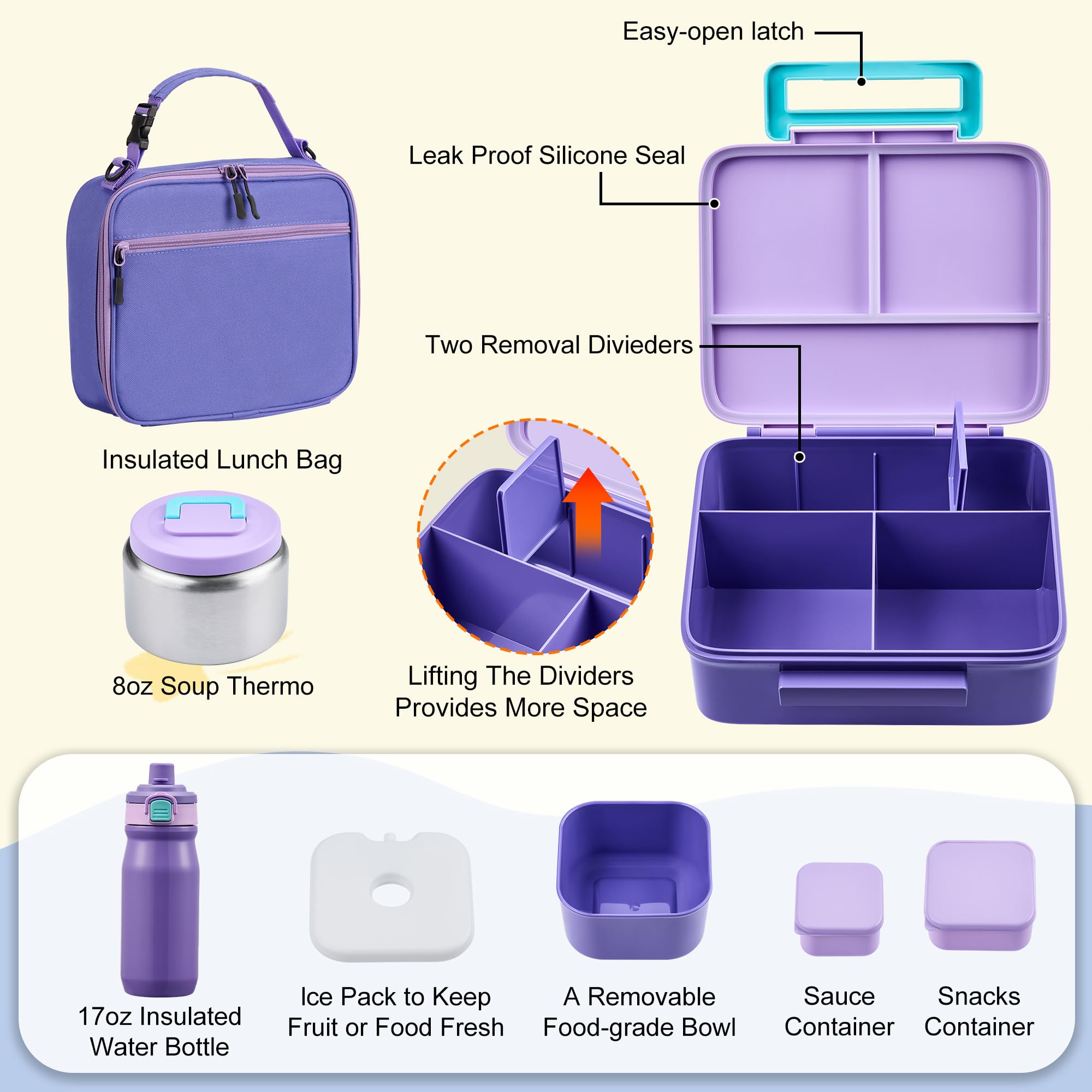 Bento-Lunchbox für Kinder mit Thermoskanne, auslaufsichere Bento-Box mit 237 ml isoliertem Lebensmittelglas, isolierte Flasche, Lunch-Tasche, BPA-frei, spülmaschinenfest, Behälter mit 4 Fächern, für
