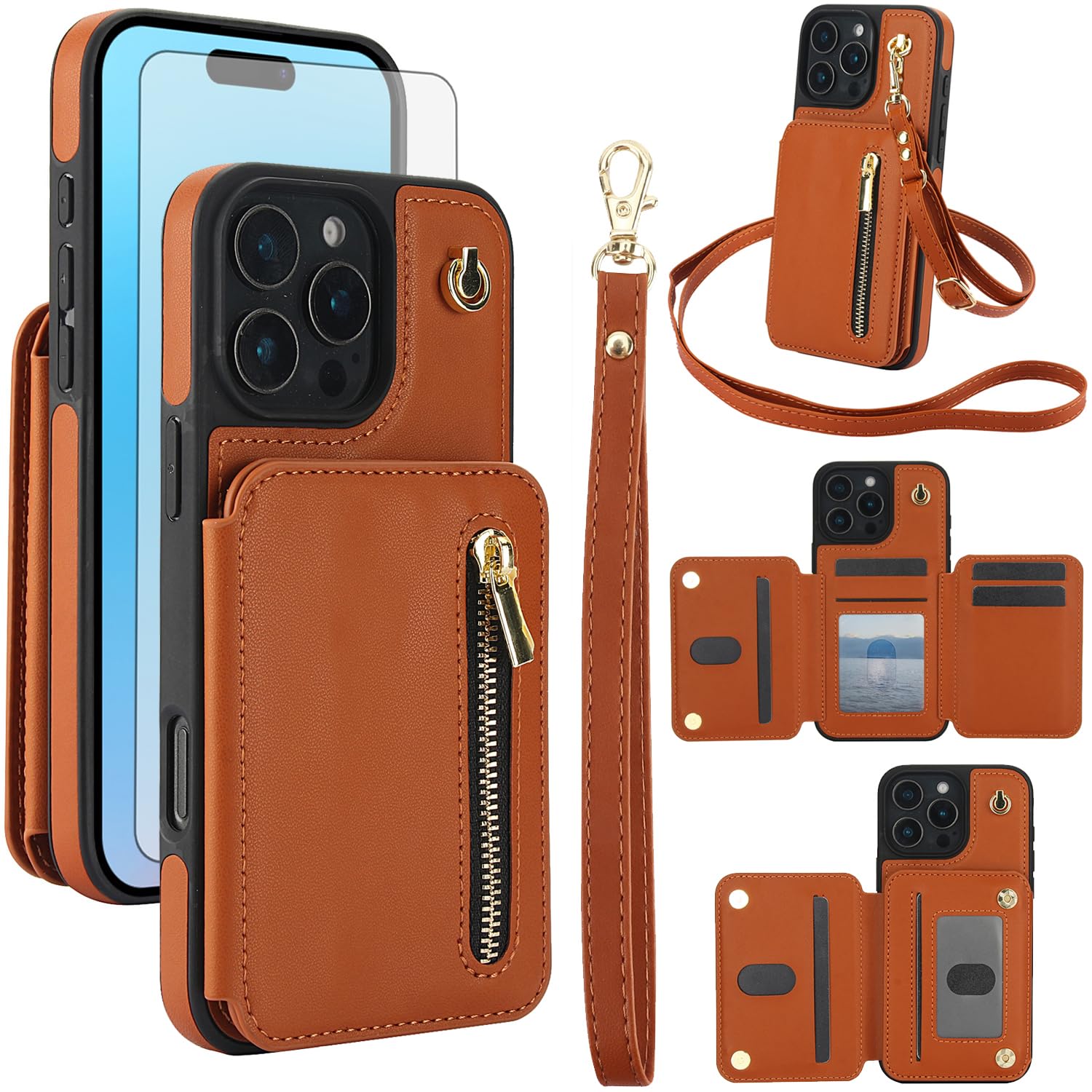 Phone Case for iPhone 16 Pro Max 6.9 inch RFID Wallet Cell Cover with Tempered Glass Screen Protector Crossbody Strap Card Holder Slot Stand i Phone16