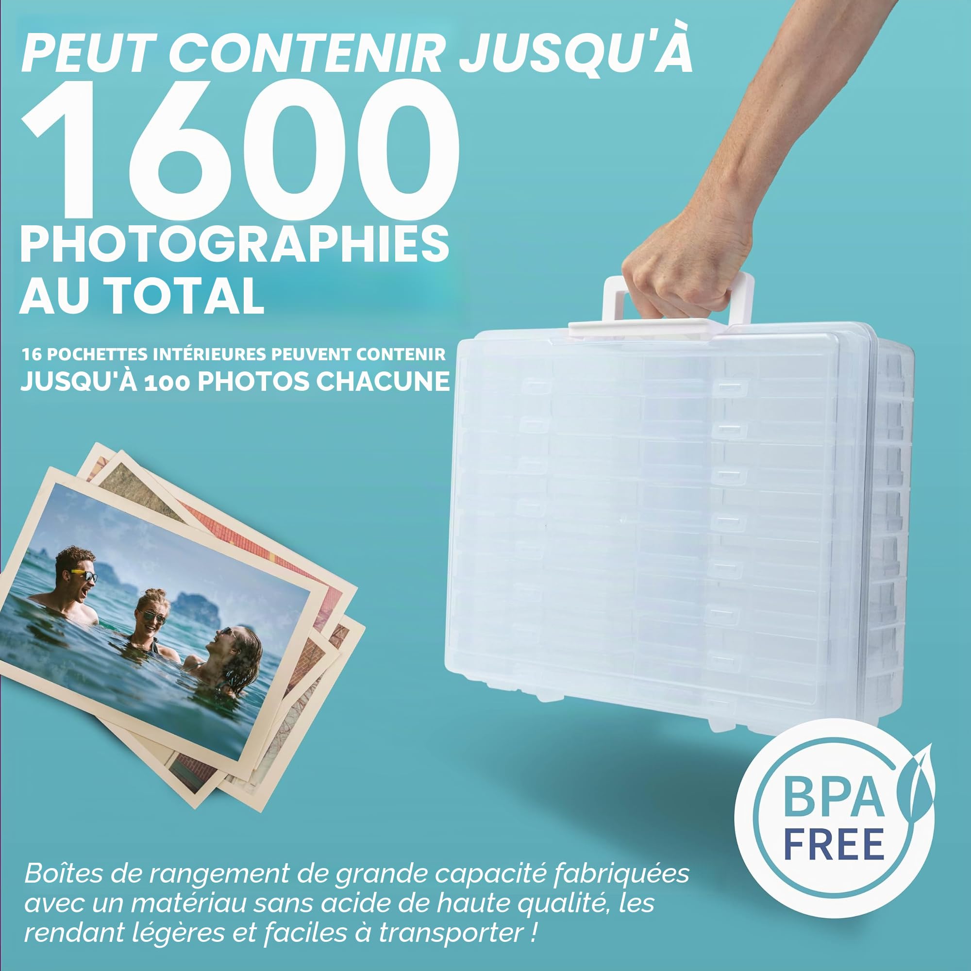 HEFTMAN Boîtes de Rangement pour Photos (4" x 6") | Boîte de Rangement Transparente avec 16 Étuis Intérieurs pour Photos - Peut Contenir 1600 Photos